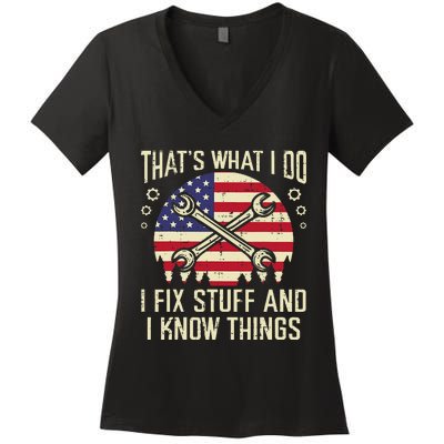 Thats What I Do Fix Stuff Usa Flag Car Mechanic Garage Women's V-Neck T-Shirt