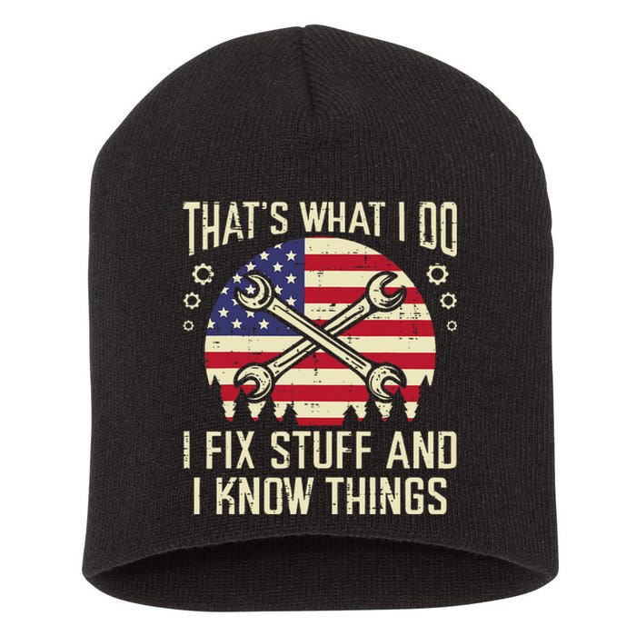 Thats What I Do Fix Stuff Usa Flag Car Mechanic Garage Short Acrylic Beanie