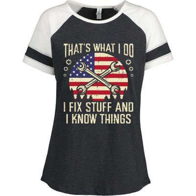 Thats What I Do Fix Stuff Usa Flag Car Mechanic Garage Enza Ladies Jersey Colorblock Tee