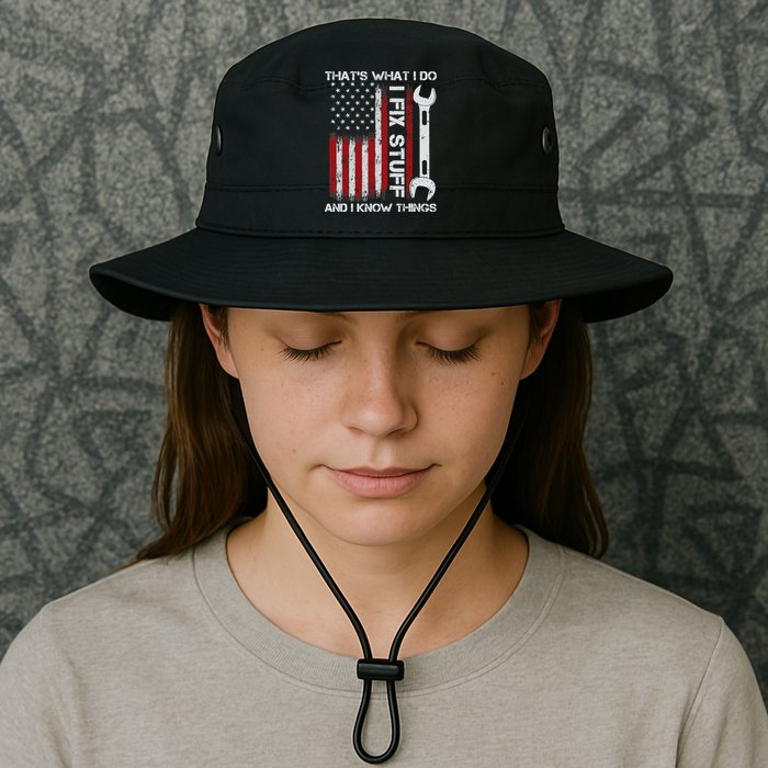 That's What I Do I Fix Stuff And I Know Things American Flag Bucket Hat