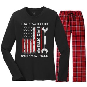 That's What I Do I Fix Stuff And I Know Things American Flag Women's Long Sleeve Flannel Pajama Set 