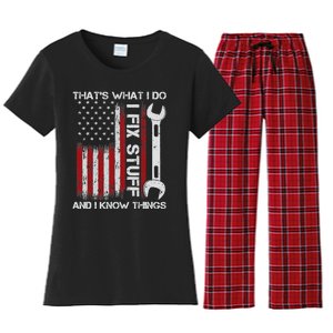 That's What I Do I Fix Stuff And I Know Things American Flag Women's Flannel Pajama Set