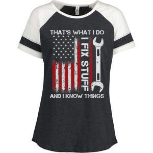 That's What I Do I Fix Stuff And I Know Things American Flag Enza Ladies Jersey Colorblock Tee