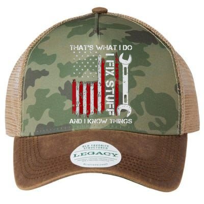 That's What I Do I Fix Stuff And I Know Things American Flag Legacy Tie Dye Trucker Hat