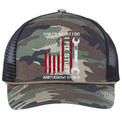 That's What I Do I Fix Stuff And I Know Things American Flag Retro Rope Trucker Hat Cap