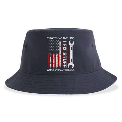 That's What I Do I Fix Stuff And I Know Things American Flag Sustainable Bucket Hat