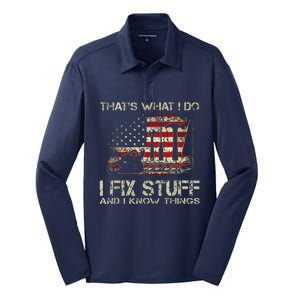 That's What I Do I Fix Stuff And I Know Things American Flag Silk Touch Performance Long Sleeve Polo