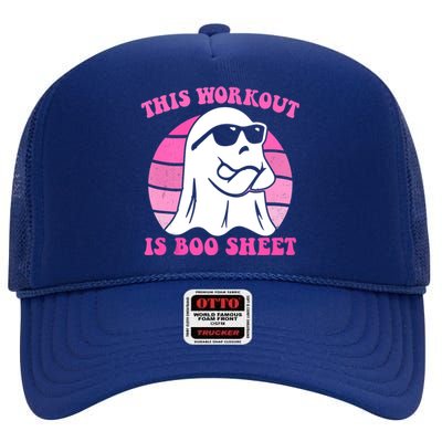 This Workout Is Boo Sheet Halloween Gym Ghost Groovy Pink High Crown Mesh Back Trucker Hat