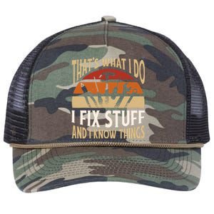 That's What I Do I Fix Stuff And I Know Things Funny Saying Retro Rope Trucker Hat Cap