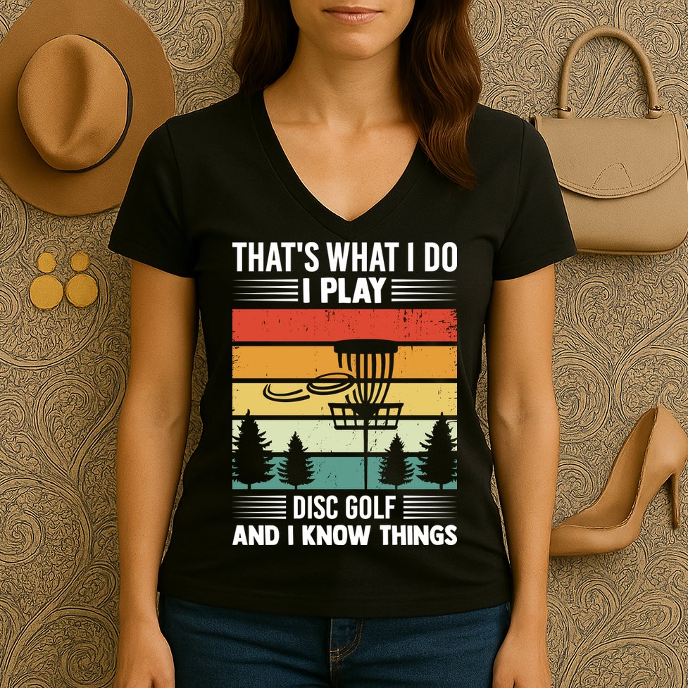 That's What I Do I Play Disc Golf And I Know Things Sport Gift Women's V-Neck T-Shirt