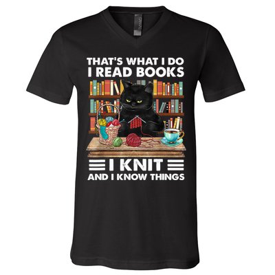 That What I Do I Read Books I Knit A Funny Cat Knitting Gift V-Neck T-Shirt