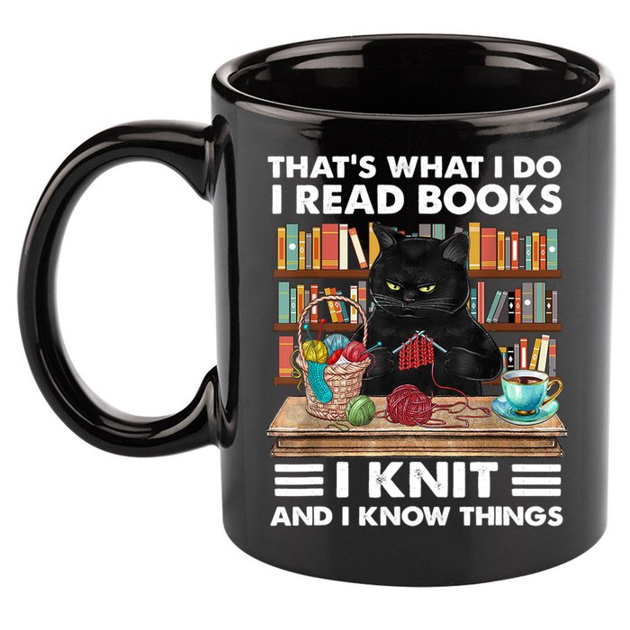 That What I Do I Read Books I Knit A Funny Cat Knitting Gift 11oz C Handle Ceramic Mug