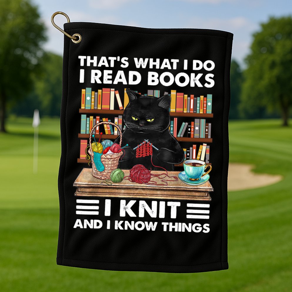 That What I Do I Read Books I Knit A Funny Cat Knitting Gift Golf Towel