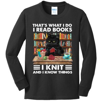 That What I Do I Read Books I Knit A Funny Cat Knitting Gift Kids Long Sleeve Shirt