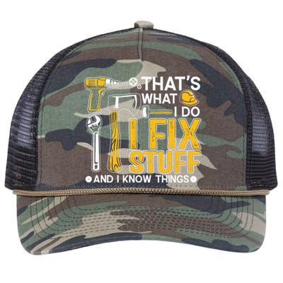 That's What I Do I Fix Stuff And I Know Things Funny Saying Retro Rope Trucker Hat Cap