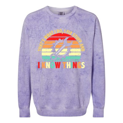 That What I Do I Fix Stuff I Know Things Vintage Mechanic Colorblast Crewneck Sweatshirt