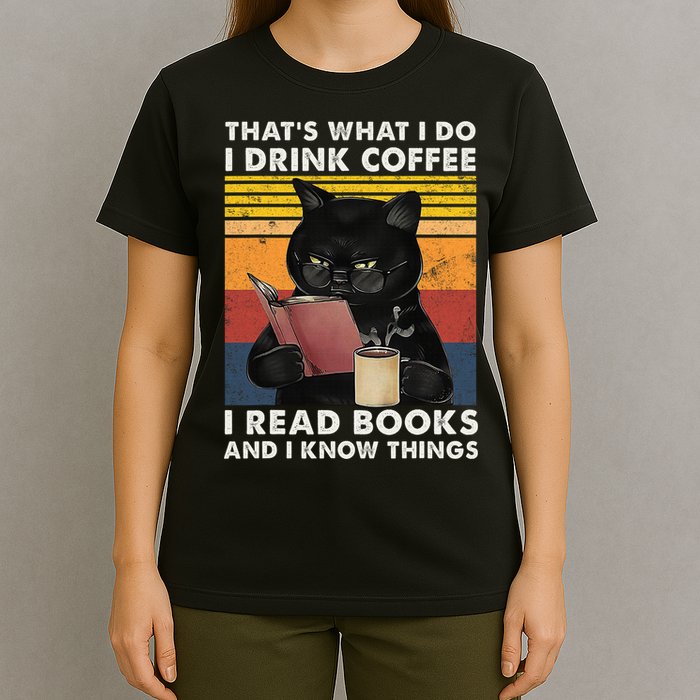 That's What I Do I Drink Coffee I Read Books Retro Black Cat T-Shirt