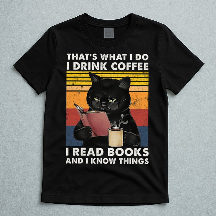 That's What I Do I Drink Coffee I Read Books Retro Black Cat T-Shirt