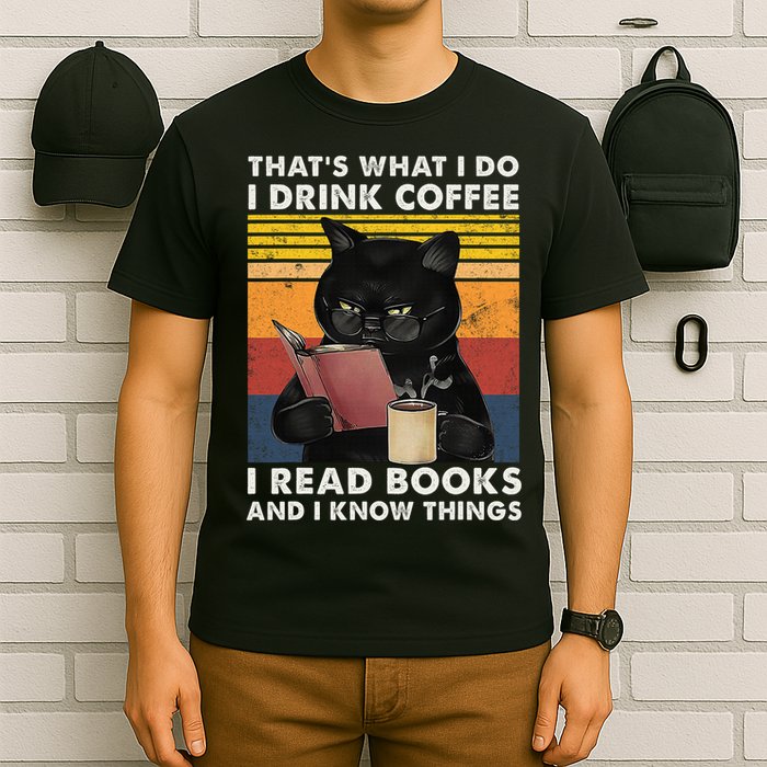 That's What I Do I Drink Coffee I Read Books Retro Black Cat T-Shirt