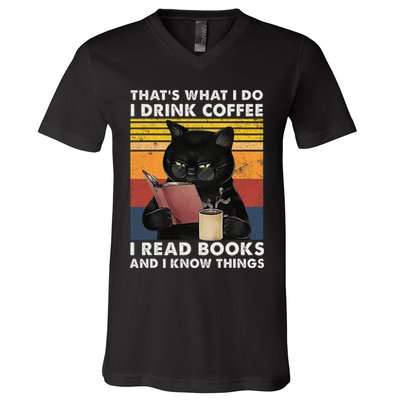 That's What I Do I Drink Coffee I Read Books Retro Black Cat V-Neck T-Shirt