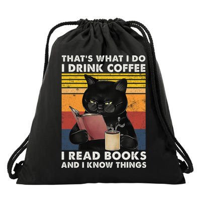 That's What I Do I Drink Coffee I Read Books Retro Black Cat Drawstring Bag