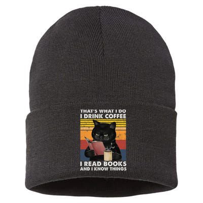 That's What I Do I Drink Coffee I Read Books Retro Black Cat Sustainable Knit Beanie