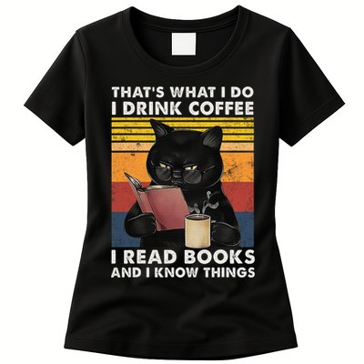 That's What I Do I Drink Coffee I Read Books Retro Black Cat Womens T-Shirt