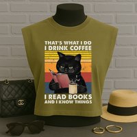 That's What I Do I Drink Coffee I Read Books Retro Black Cat Garment-Dyed Women's Muscle Tee