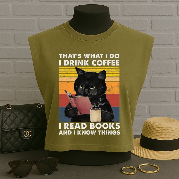 That's What I Do I Drink Coffee I Read Books Retro Black Cat Garment-Dyed Women's Muscle Tee