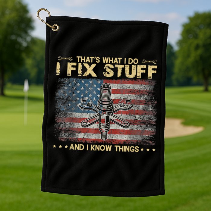 That's What I Do I Fix Stuff And I Know Things Funny Saying Golf Towel