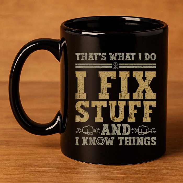 Thats What I Do I Fix Stuff And I Know Things Funny Men 11oz C Handle Ceramic Mug