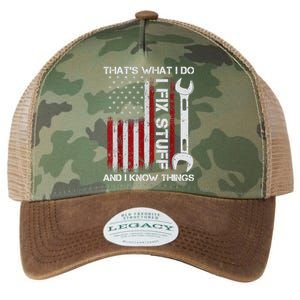 That's What I Do I Fix Stuff And I Know Things American Flag Legacy Tie Dye Trucker Hat