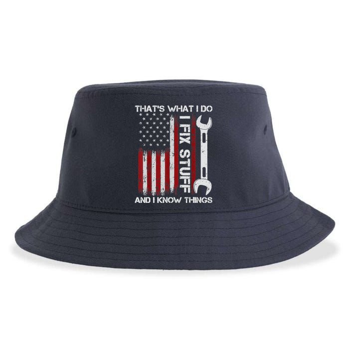 That's What I Do I Fix Stuff And I Know Things American Flag Sustainable Bucket Hat