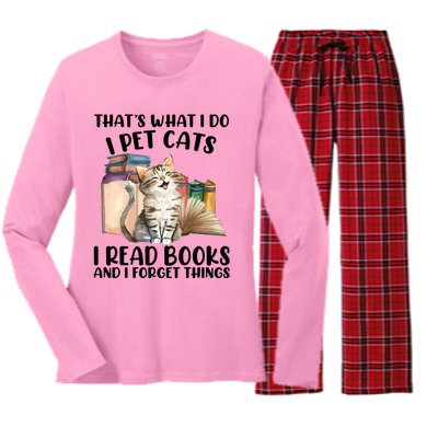 Thats What I Do I Pet Cats I Read Books And I Forget Things Women's Long Sleeve Flannel Pajama Set 