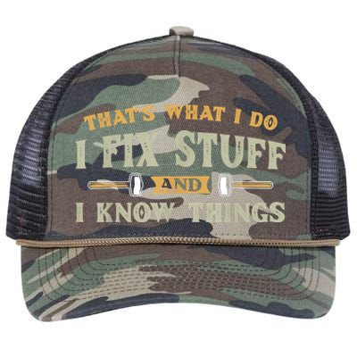 That's What I Do I Fix Stuff And I Know Things Funny Saying Retro Rope Trucker Hat Cap