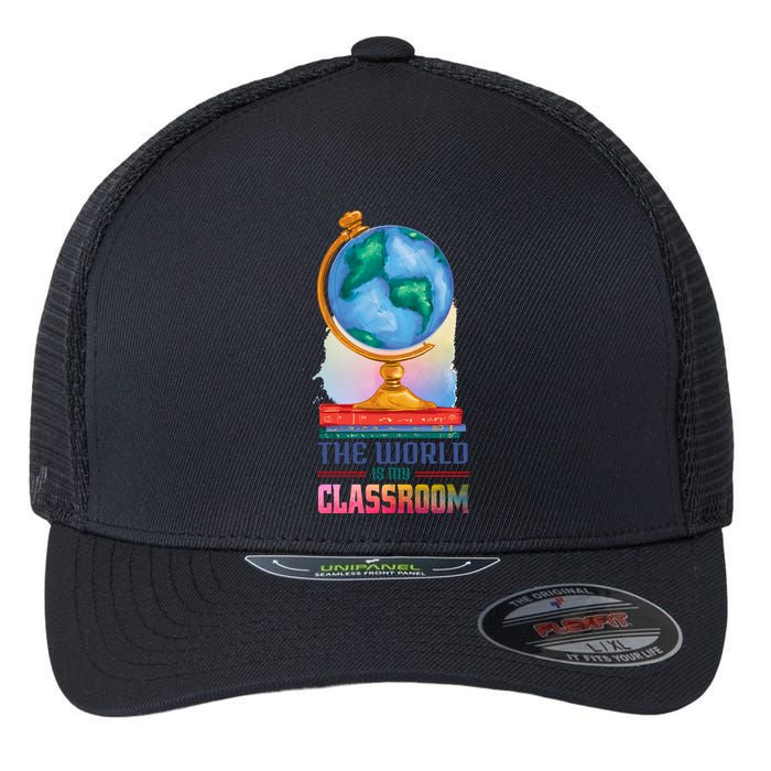 The World Is My Classroom Globe Flexfit Unipanel Trucker Cap