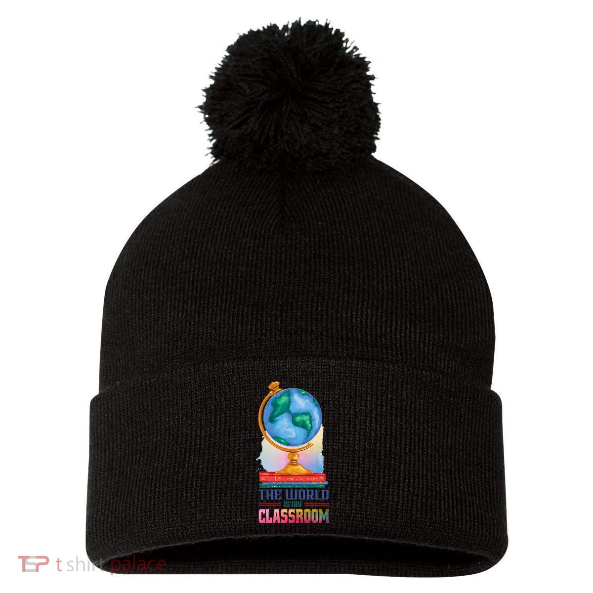 The World Is My Classroom Globe Pom Pom 12in Knit Beanie