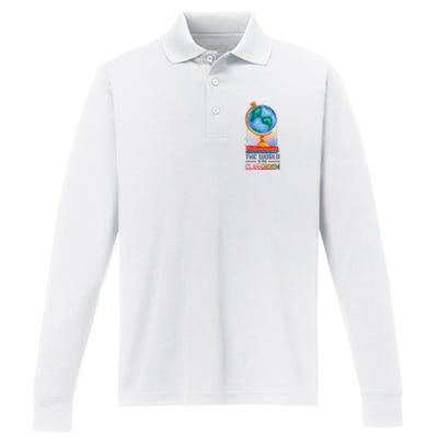 The World Is My Classroom Globe Performance Long Sleeve Polo