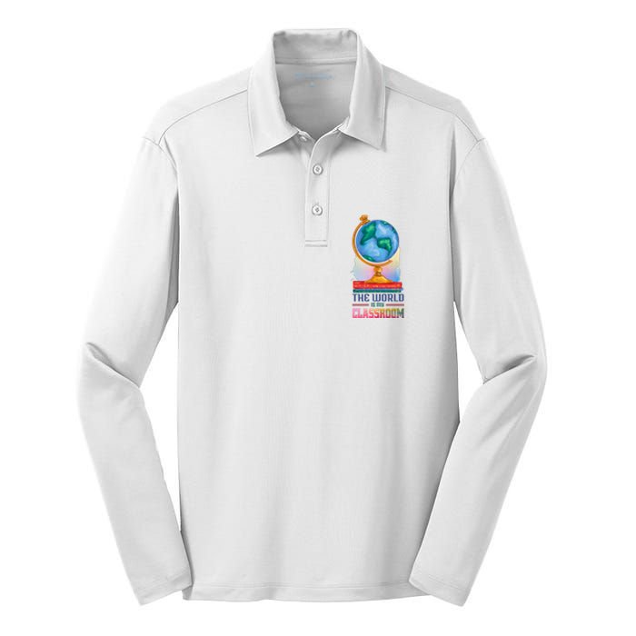 The World Is My Classroom Globe Silk Touch Performance Long Sleeve Polo