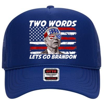 Two Words Let's Go Brandon US Flag Political American High Crown Mesh Back Trucker Hat