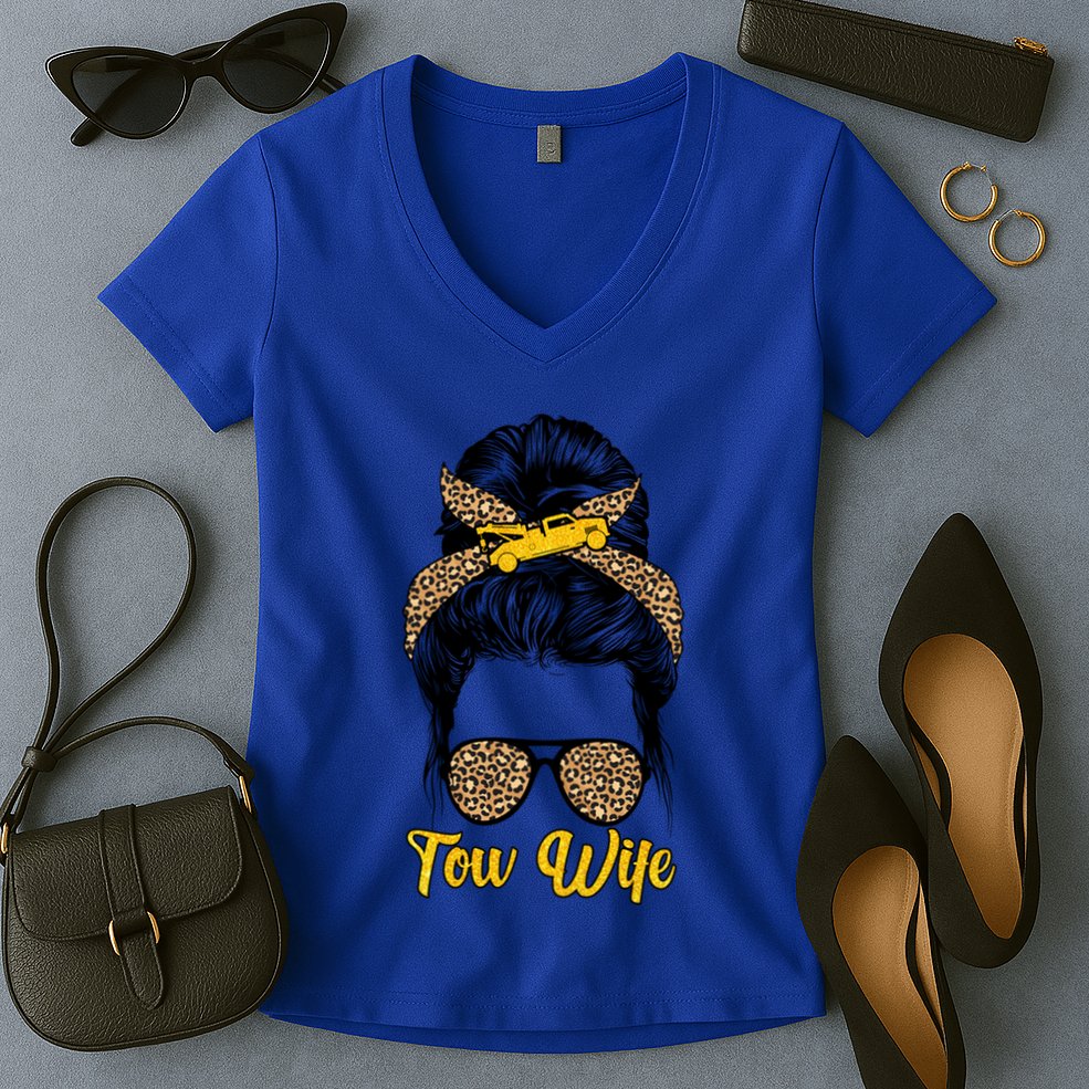 Tow Wife Messy Bun Tow Truck Wife Of A Tow Truck Driver Gift Women's V-Neck T-Shirt