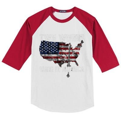 Two Words Made In America Joe Biden Vintage American US Flag Kids Colorblock Raglan Jersey