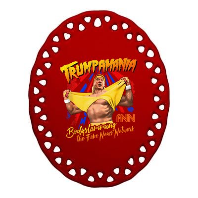 Trump Wrestling Meme Fake News Network Trump Mania Painting Ceramic Oval Ornament