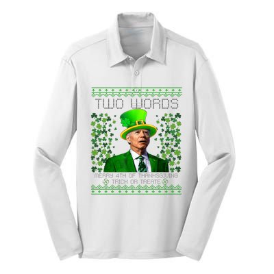 Two Words Merry 4th Of Thanksgiving Funny Biden St Patricks Day Gift Silk Touch Performance Long Sleeve Polo