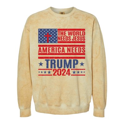 The World Needs Jesus America Needs Trump 2024 Colorblast Crewneck Sweatshirt