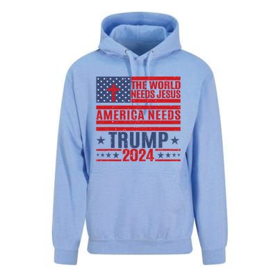 The World Needs Jesus America Needs Trump 2024 Unisex Surf Hoodie