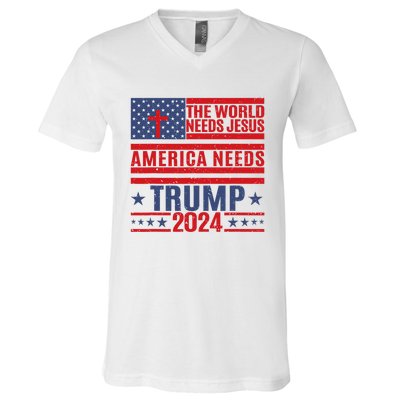 The World Needs Jesus America Needs Trump 2024 V-Neck T-Shirt