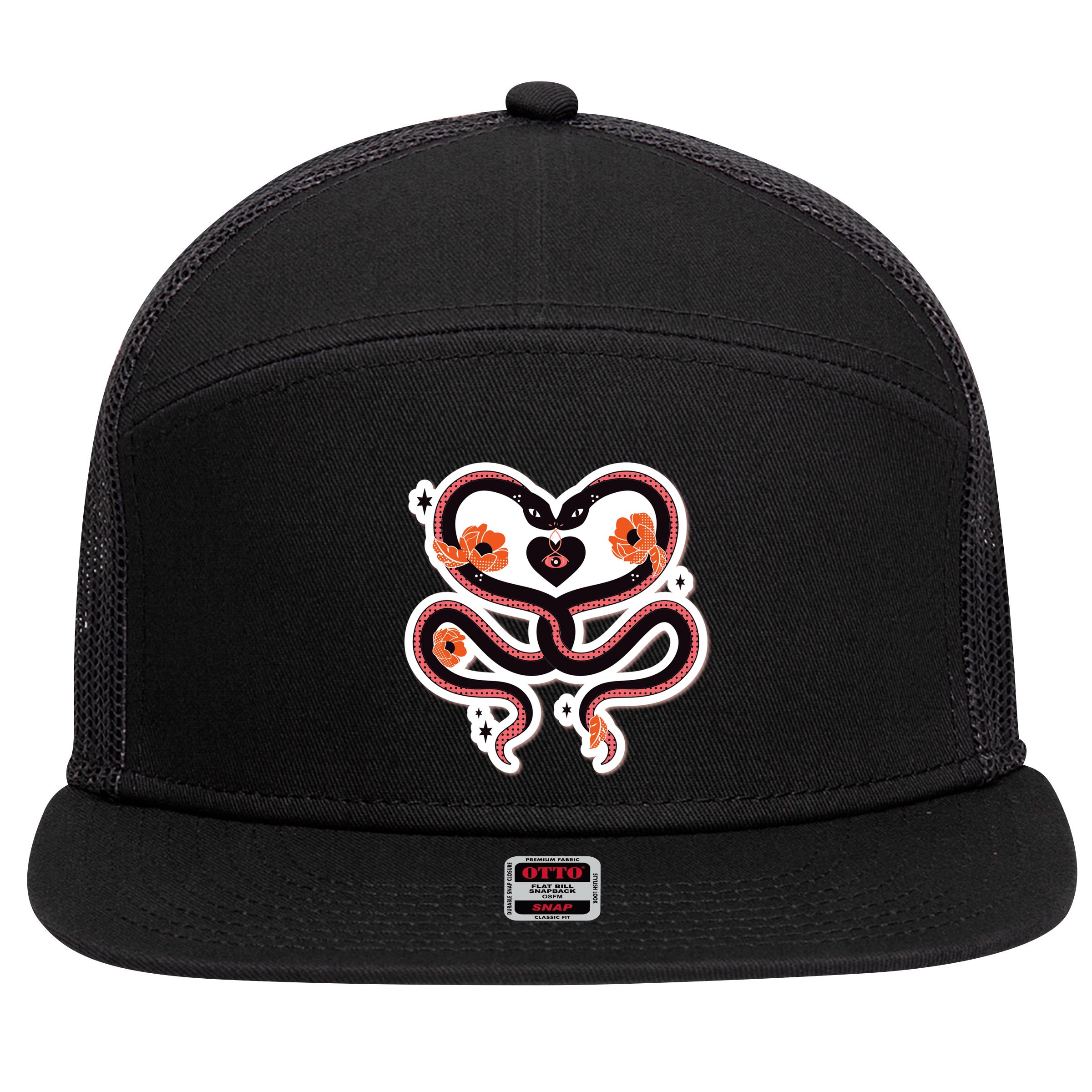 Two Snakes Sad Romance 7 Panel Mesh Trucker Snapback Hat