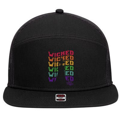 The W.I.Z.A.R.D Of Oz Pride Wicked Witch Rainbow Text Stack 7 Panel Mesh Trucker Snapback Hat