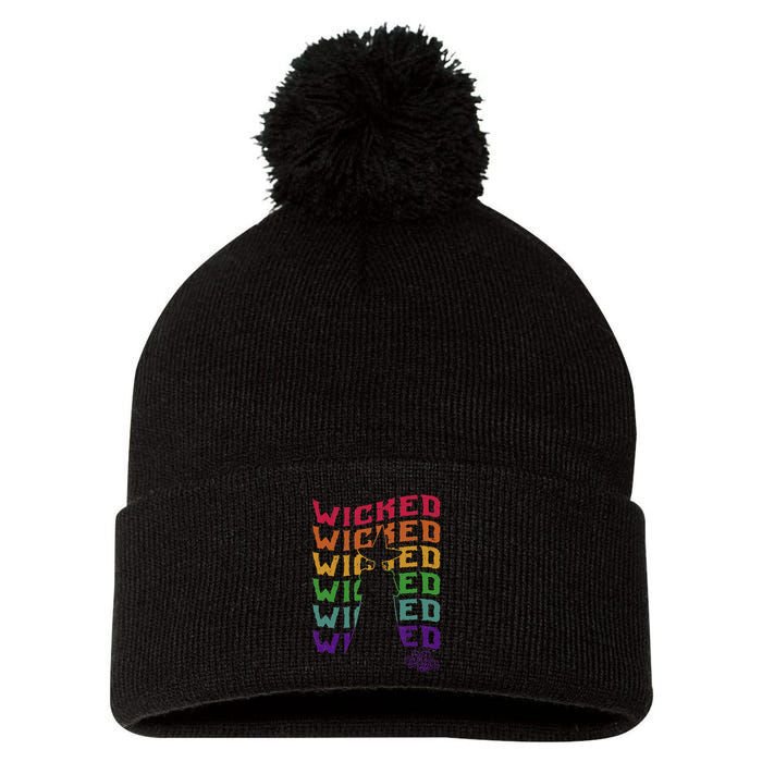The W.I.Z.A.R.D Of Oz Pride Wicked Witch Rainbow Text Stack Pom Pom 12in Knit Beanie